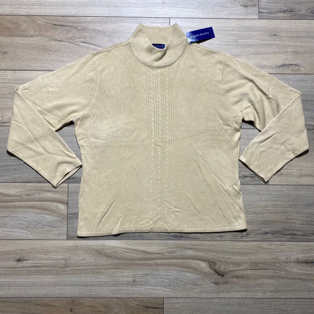 Karen Scott Womens Cable Knit Long Sleeve Panel Sweater Size Large Taupe